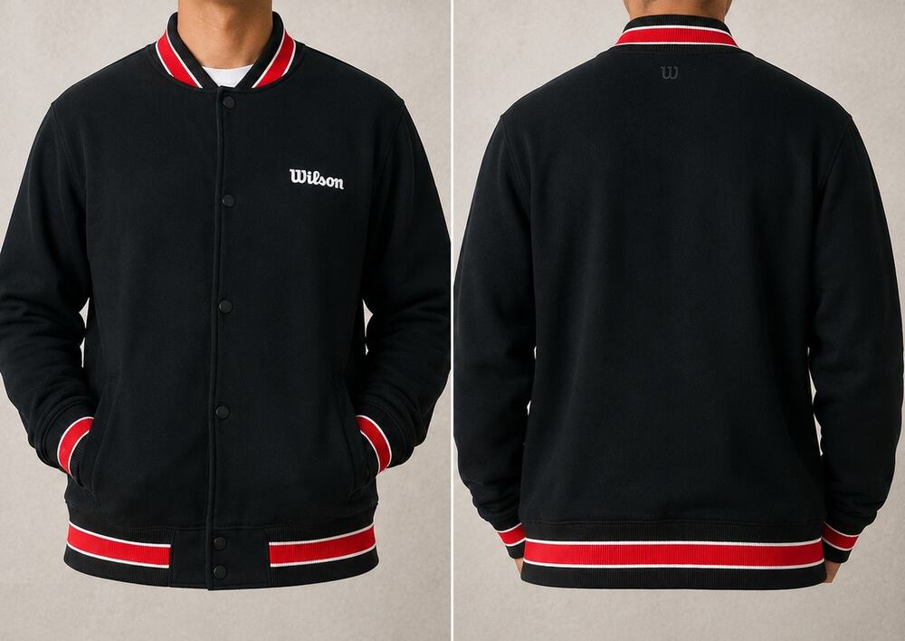 Wilson Sporting Goods Varsity Jacket Men’s LARGE Black Red Snap Front Bomber USA